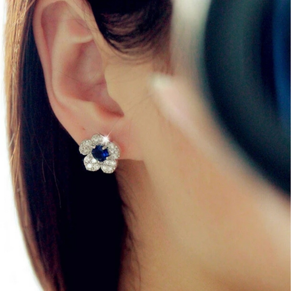 Blue Crystal Flower Rhinestone Earrings
